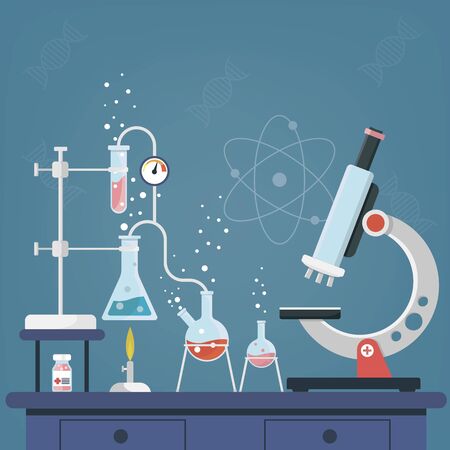 Laboratory Research. Medical Research. Testing of vaccine. Vaccine of coronavirus .Chemists scientists equipment. Flat design banner for web. Vector illustrationのイラスト素材
