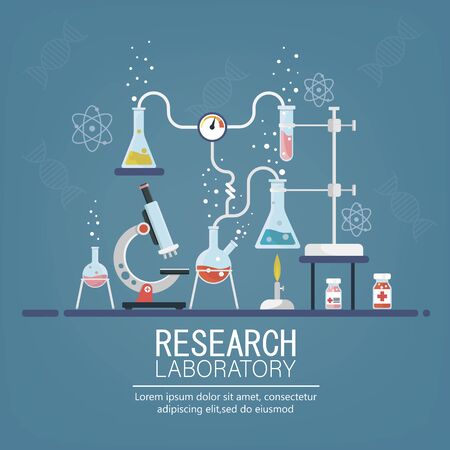 Laboratory Research. Medical Research. Testing of vaccine. Vaccine of coronavirus .Chemists scientists equipment. Flat design banner for web. Vector illustrationのイラスト素材