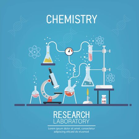 Laboratory Research. Medical Research. Testing of vaccine. Vaccine of coronavirus .Chemists scientists equipment. Flat design banner for web. Vector illustrationのイラスト素材