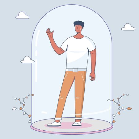 Social distancing. Keep the 1-2 meter distance. Flat Illustration of a young man. Infection control concept, Coronavirus, 2019-nCoV, flu, virus. Vectorのイラスト素材