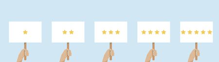 Hand holding banner, customer reviews rating. People give a review rating and feedback. The best...