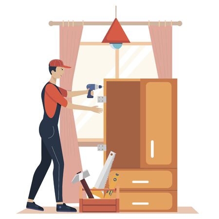 Furniture assembly concept illustration. Workers of manufacture with professional tools. Help from furniture store professional. Flat cartoon vector illustrationのイラスト素材