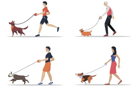 Man and women walking the dogs of different breeds. Active people, leisure time. Set of flat vector illustrations.のイラスト素材