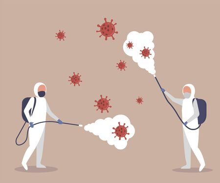 Medical scientists in hazmat suits cleaning and disinfecting coronavirus cells epidemic.Spray to Cleaning and Disinfection Virus, Covid-19, Coronavirus Disease, Preventive Measures. Vector illustratiのイラスト素材