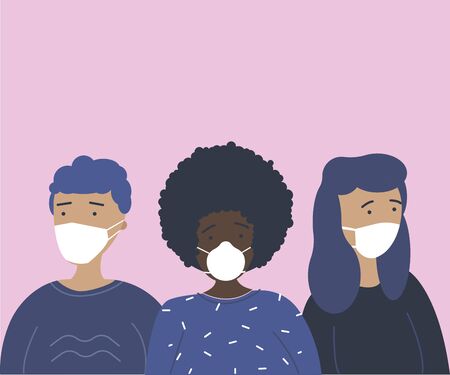 Young people protecting from coronavirus infection.Teenage characters group in prevention masks. Coronavirus control concept. Flat cartoon vector illustration.のイラスト素材