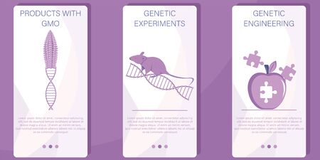 Genetic engineering. Genetically modified foods, GM foods. Food additives. Genetically engineered foods concept. App interface template. DNA recombination.  Flat vector illustrationのイラスト素材