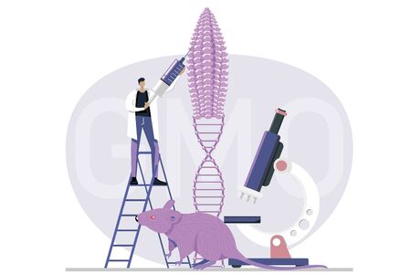Genetic engineering. Genetically modified foods, GM foods. Food additives. Genetically engineered foods concept. DNA recombination.  Flat vector illustrationのイラスト素材