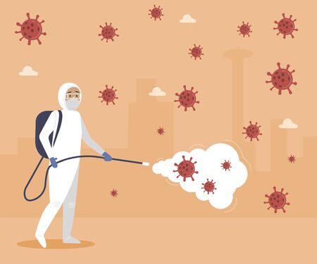 Medical scientists in hazmat suits cleaning and disinfecting coronavirus cells epidemic.Spray to Cleaning and Disinfection Virus, Covid-19, Coronavirus Disease, Preventive Measures. Vector illustratiのイラスト素材
