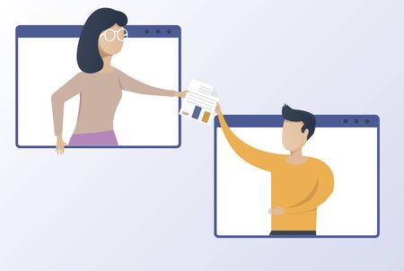 Online meeting.Video conference landing. People on computer and smartphone screen. Virtual work meeting. Flat vector illustrationのイラスト素材