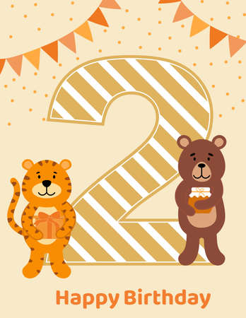 Second Birthday anniversary with cute animals. Animals card collection.のイラスト素材
