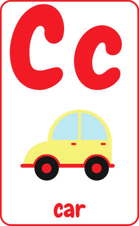 Cute letter C for kids in cartoon style. English alphabet card for kids to help learning and education in kindergarten children. Letter C is for car illustration.のイラスト素材