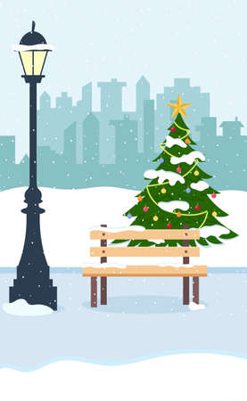 Winter city park with Christmas Tree Decorations. Winter Christmas landscape for banner, poster, web.のイラスト素材
