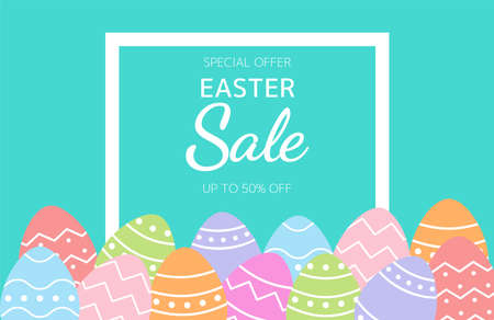 Happy Easter Sale Banner with eggs. Easter sale for postcard, invitation, poster or banner. Easter sale up to 50% off.のイラスト素材