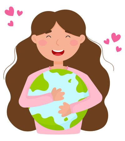 Cute girl hugs the earth. Save the planet, take care of our planet. Eco friendly, earth day. Love and care for the environment concept. Perfect for print, cards, posters, booklet, design.のイラスト素材