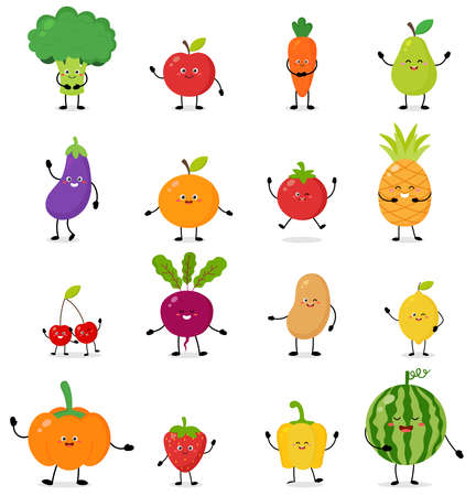 Set of colorful images of cute cartoon vegetables and fruits. Vector isolated elements on white background with different poses and emotions. food cartoon characters concept.のイラスト素材