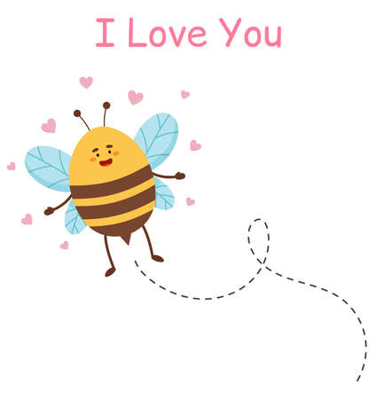 Cartoon bee flying on a dotted route. Lovely bee character. I love you. Greeting card for valentine's day and holidays.のイラスト素材