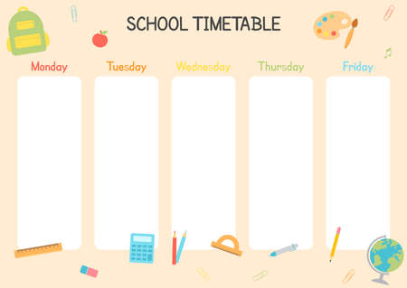 Cute childish school timetable. Weekly planner for students, pupils with days week, school study...