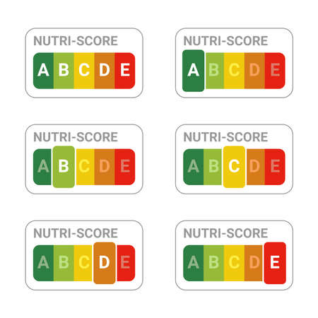 Nutri score sticker set. Nutri-Score system sign. Sign health care packaging. European nutritional label for food.のイラスト素材