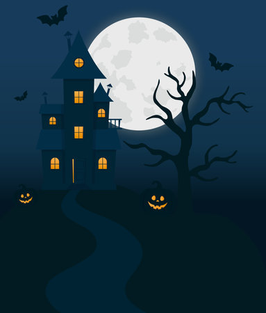 Halloween with haunted house, full moon, pumpkins and trees. Halloween house can be used as flyer, banner or poster for night parties.のイラスト素材