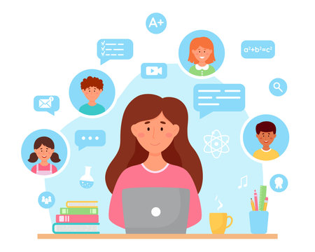 online school. Learn from distance with teacher, online education. Girls and boys are sitting on laptop and studying lesson. Home school, web e-learning, knowledge concept.のイラスト素材