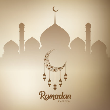 Ramadan kareem background, illustration with arabic lanterns, golden ornate crescent and mosque domeのイラスト素材