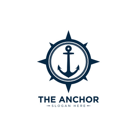marine retro emblems logo with anchor, rope and ship wheel, anchor logo - vector