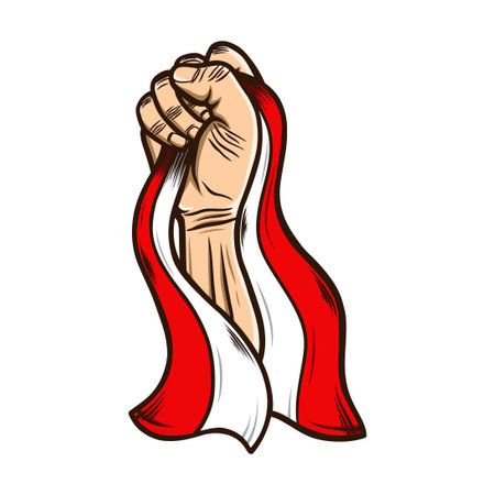Vector Illustration of indonesian Independence Day. Hands with indonesian flags. Vector of the national flag of indonesiaのイラスト素材