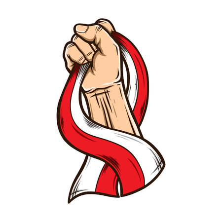 Vector Illustration of indonesian Independence Day. Hands with indonesian flags. Vector of the national flag of indonesiaのイラスト素材
