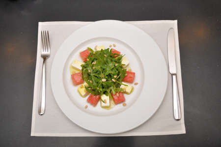 Sweet salad with watermelon and cheese top viewの写真素材