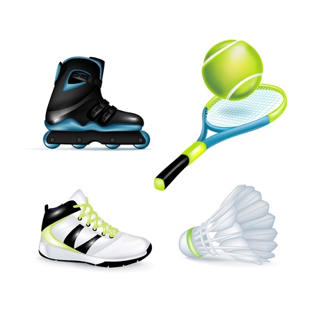 inline skate, sport shoe and tennis racket with ball and shuttleのイラスト素材
