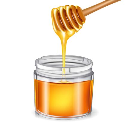 honey with dipper pouring in jar isolatedのイラスト素材