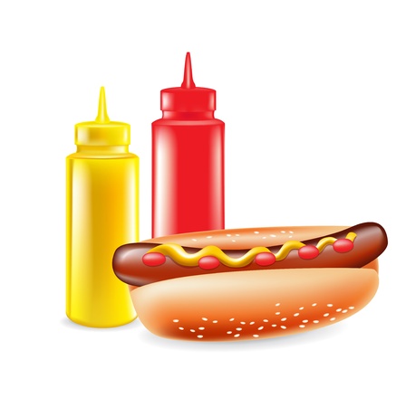 hot dog with ketchup and mustard isolatedのイラスト素材
