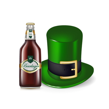 beer bottle and green hat isolated on whiteのイラスト素材