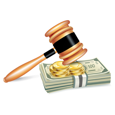 judge gavel and stack of money isolated on white backgroundのイラスト素材