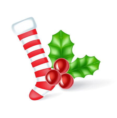 christmas stocking with mistletoe isolated on white のイラスト素材