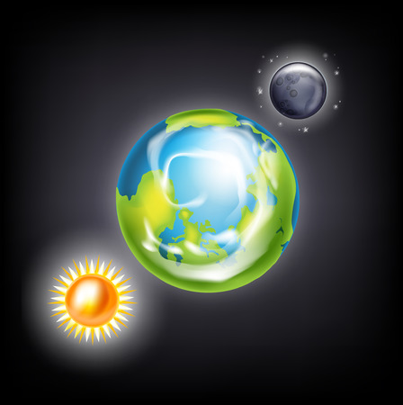 moon earth and sun illustration on dark backgroundのイラスト素材