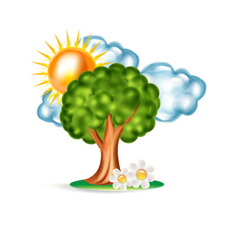 tree with sun and clouds and flowers isolated on white backgroundのイラスト素材