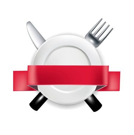 fork and knife with plate and red ribbon banner vector illustration isolatedのイラスト素材