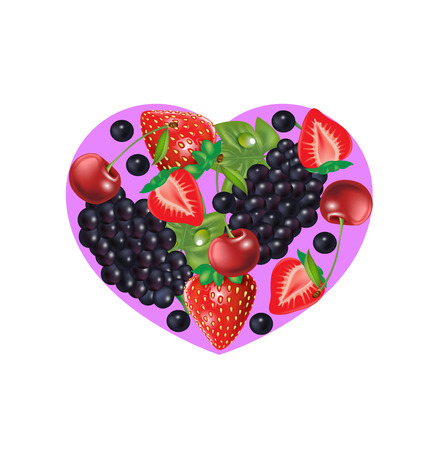 strawberry, cherry and grapes heart shape isolated on white backgroundのイラスト素材