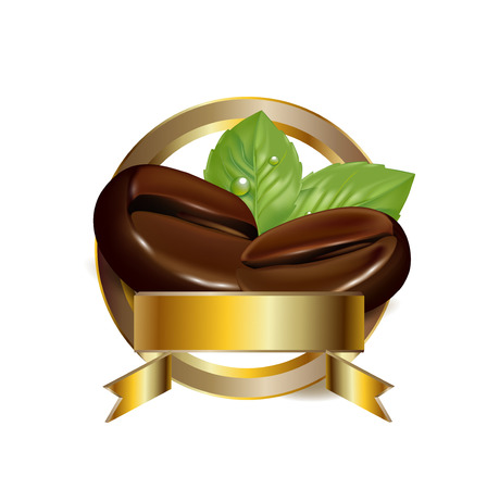 coffee beans in golden emblem circle shaped isolated on whiteのイラスト素材