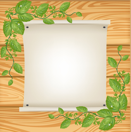 paper sign with floral frame and wooden backgroundのイラスト素材
