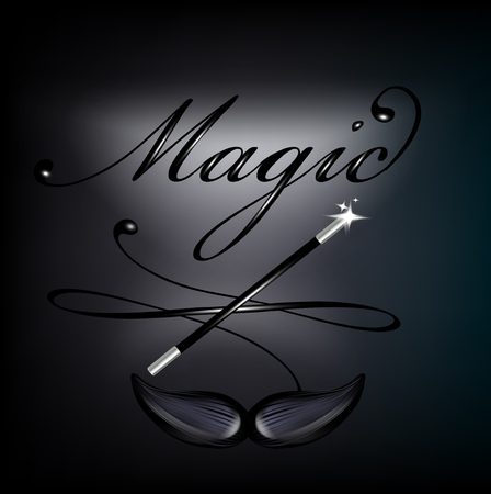 "magic" lettering with mustache and magic wand on black backgroundのイラスト素材