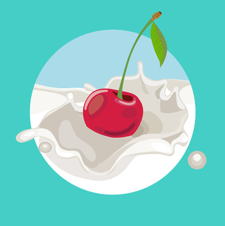 single cherry falling in cream splash flat iconのイラスト素材