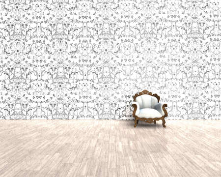 3D render - old chair and nice wallpaperの写真素材