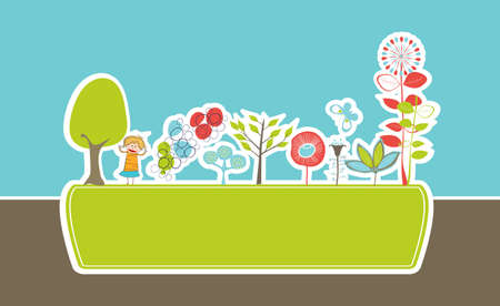eco frame with stylized flowers and little girlのイラスト素材