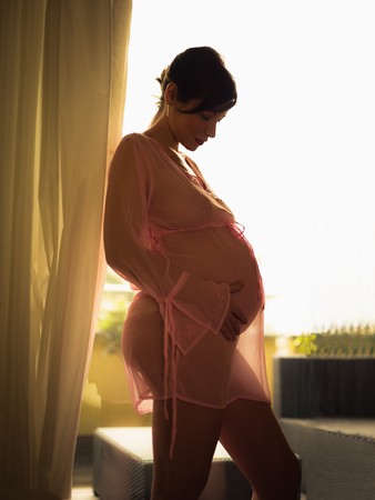 italian pregnant woman touching stomach and leaning on window. Vertical shape, copy spaceの写真素材