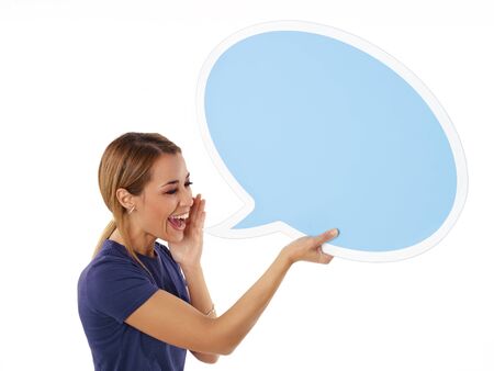 mid adult woman screaming in blank speech bubble on white background. Horizontal shape, side view,...
