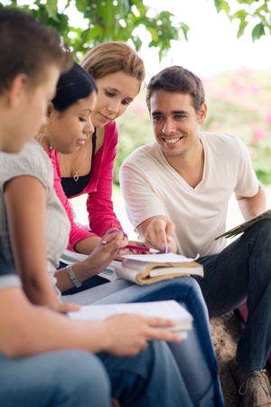 Friends and education, group of university students studying, reviewing homework and preparing testの写真素材