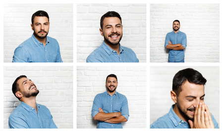 Facial Expressions Of Young Beard Man On Brick Wallの写真素材