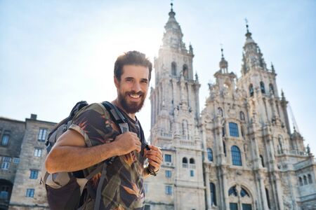 Portrait Of Happy Man On Pilgrimage At Santiago De Compostelaの写真素材